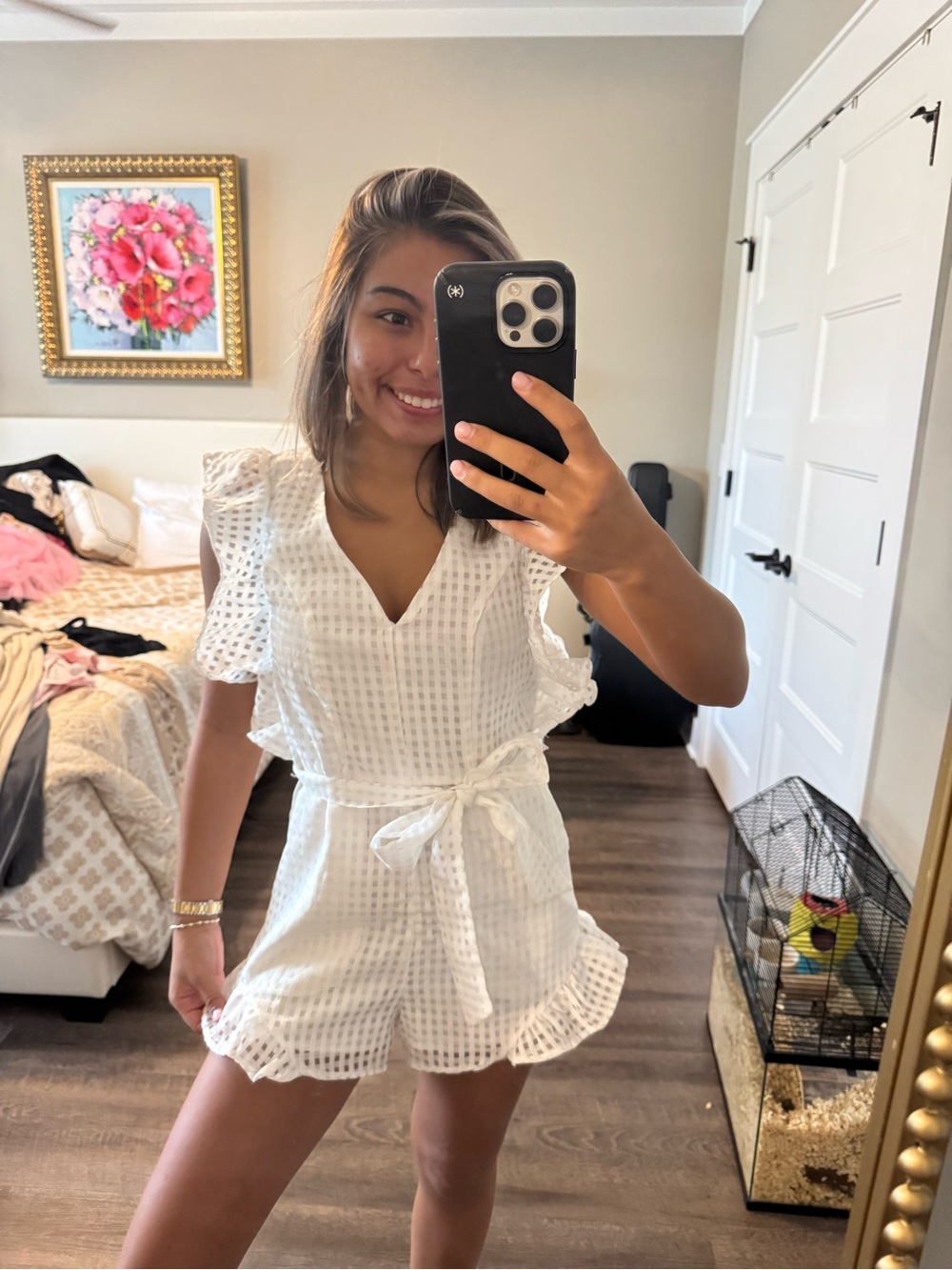 White Eyelet Wrap Romper with Tie Waist